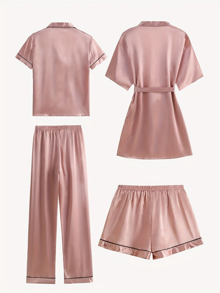 Juliette | 4-Piece Solid Satin Pajama Mid-Sleeve Robe Set